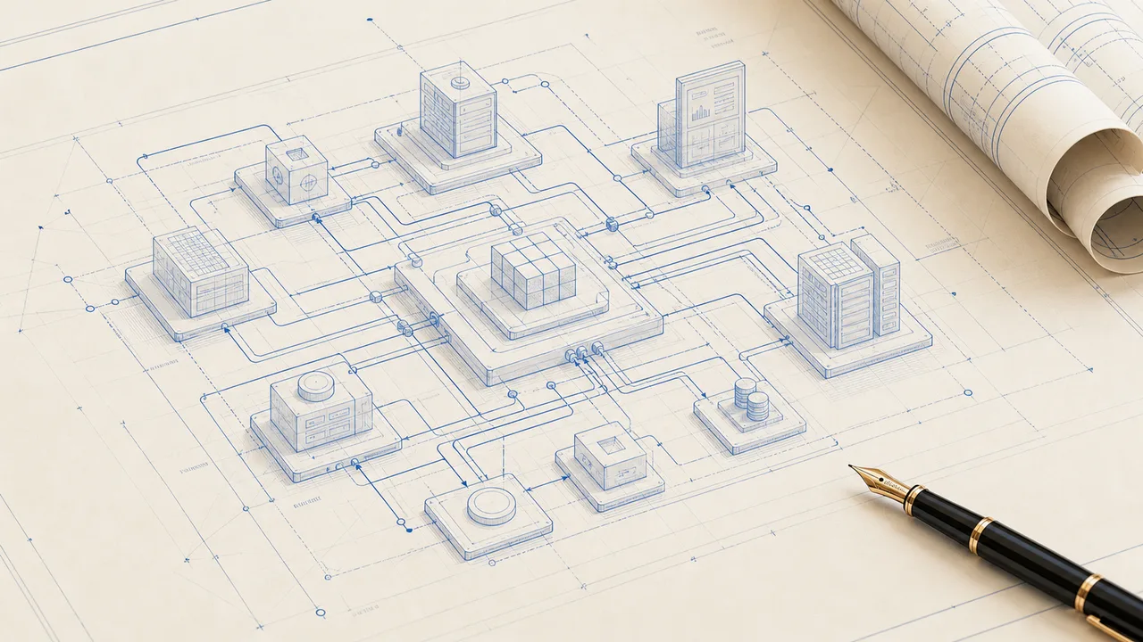Blueprint-style systems architecture drawing representing the progression from executive intent to technical execution.