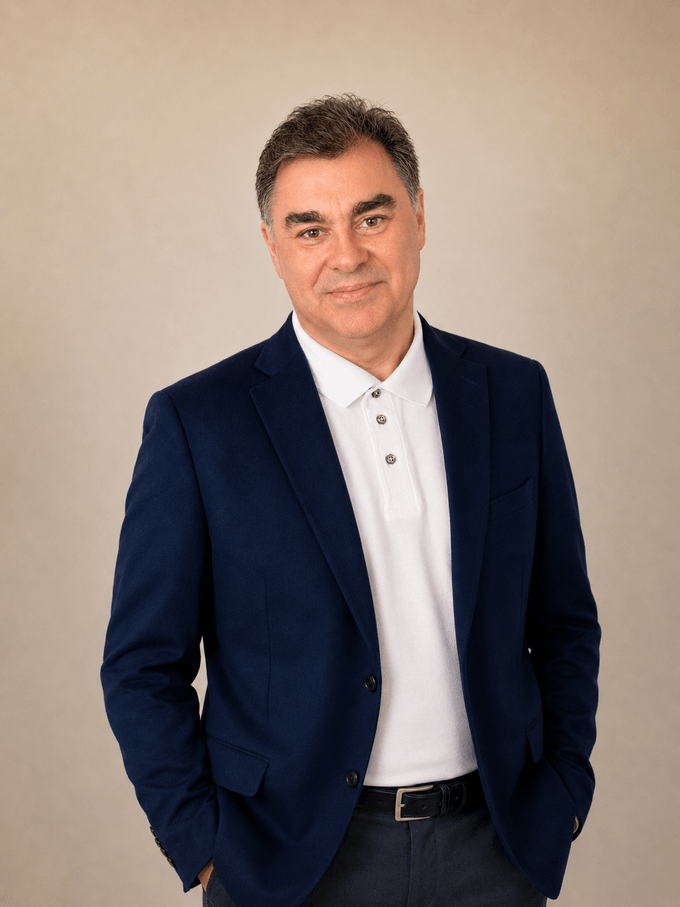 Vasilis Katsoulis in a navy blazer